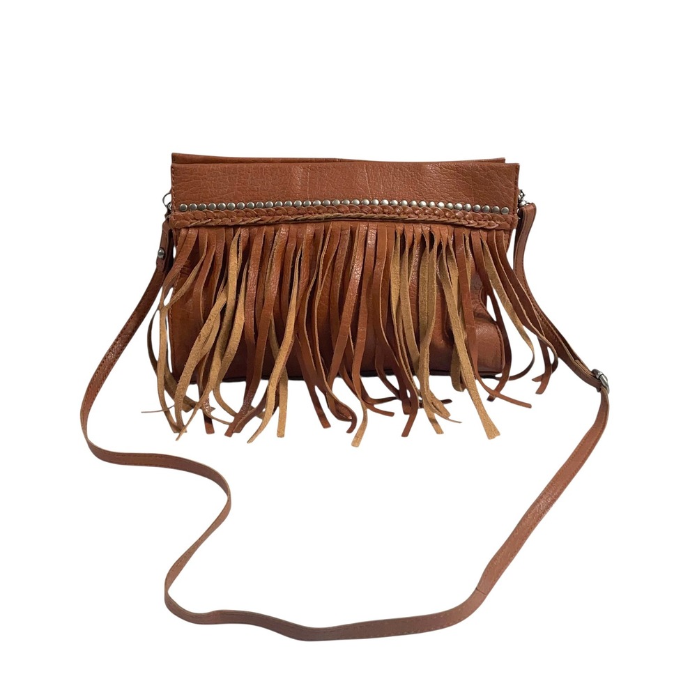 The SAK leather fringe crossbody shoulder purse Cognac brown boho western studs